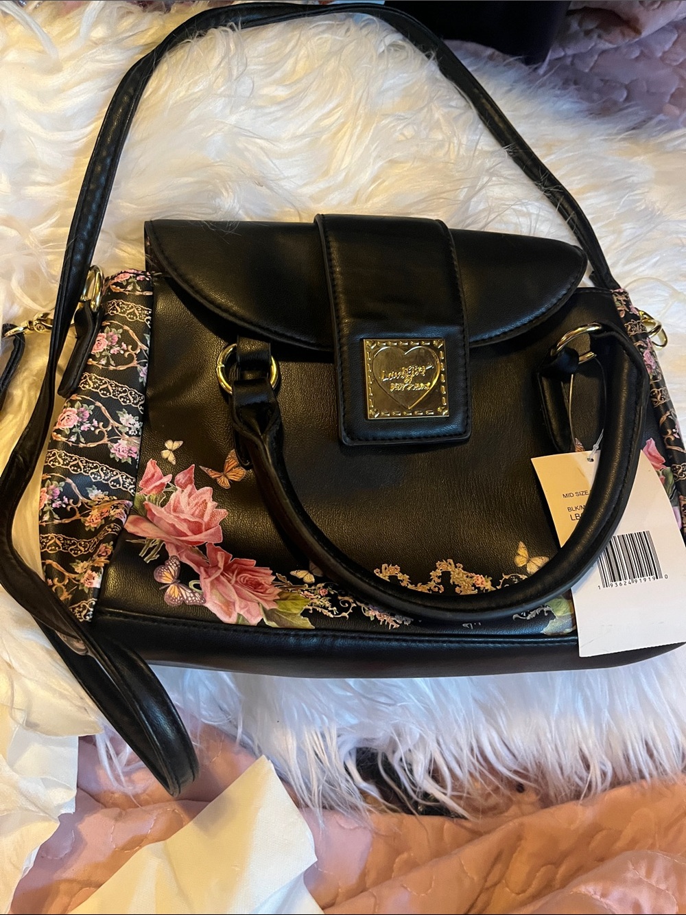 Black Floral Accent Shoulder Satchel with Gold Plaque Betsy Johnson
